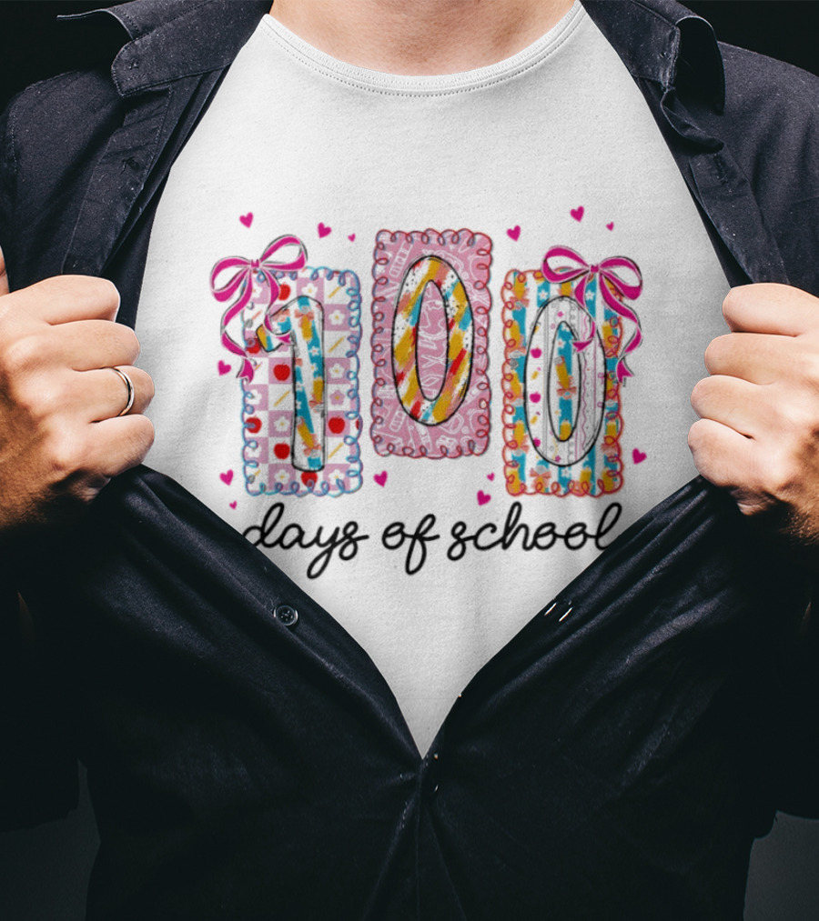 Colorful 100 Days Of School Celebration With Hearts And Bows T-Shirt