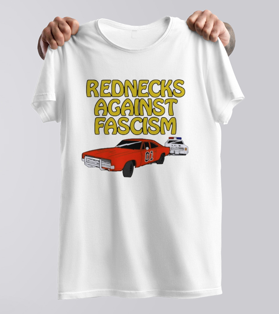 Rednecks Against Fascism Car Cartoon With 01 And Police Chase Scene T-Shirt
