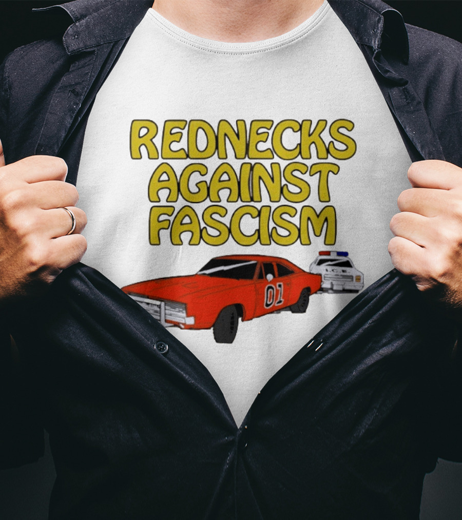 Rednecks Against Fascism Car Cartoon With 01 And Police Chase Scene T-Shirt