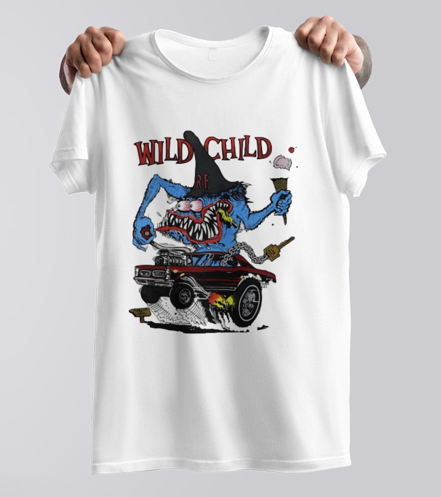 Wild Child Rat Fink R.F. Hot Rod Monster With Ice Cream And Gear Shift T-Shirt