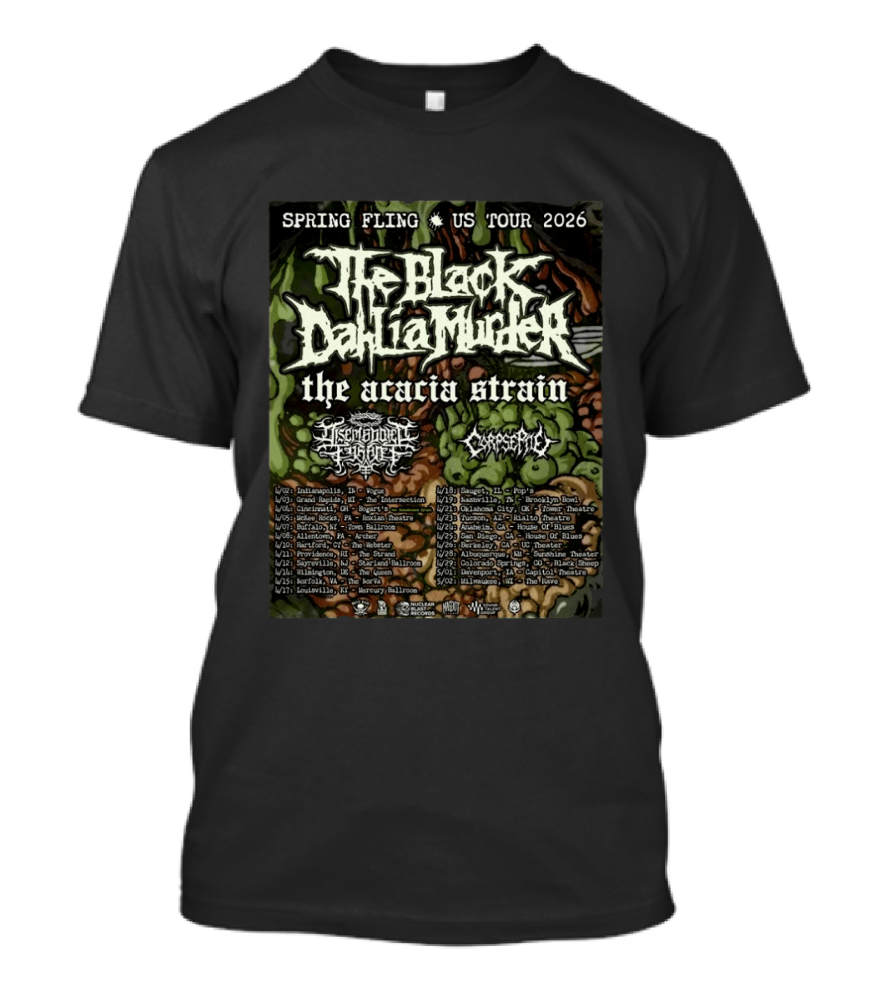 Spring Fling US Tour 2026 The Black Dahlia Murder The Acacia Strain Full Schedule Tour Dates T-Shirt