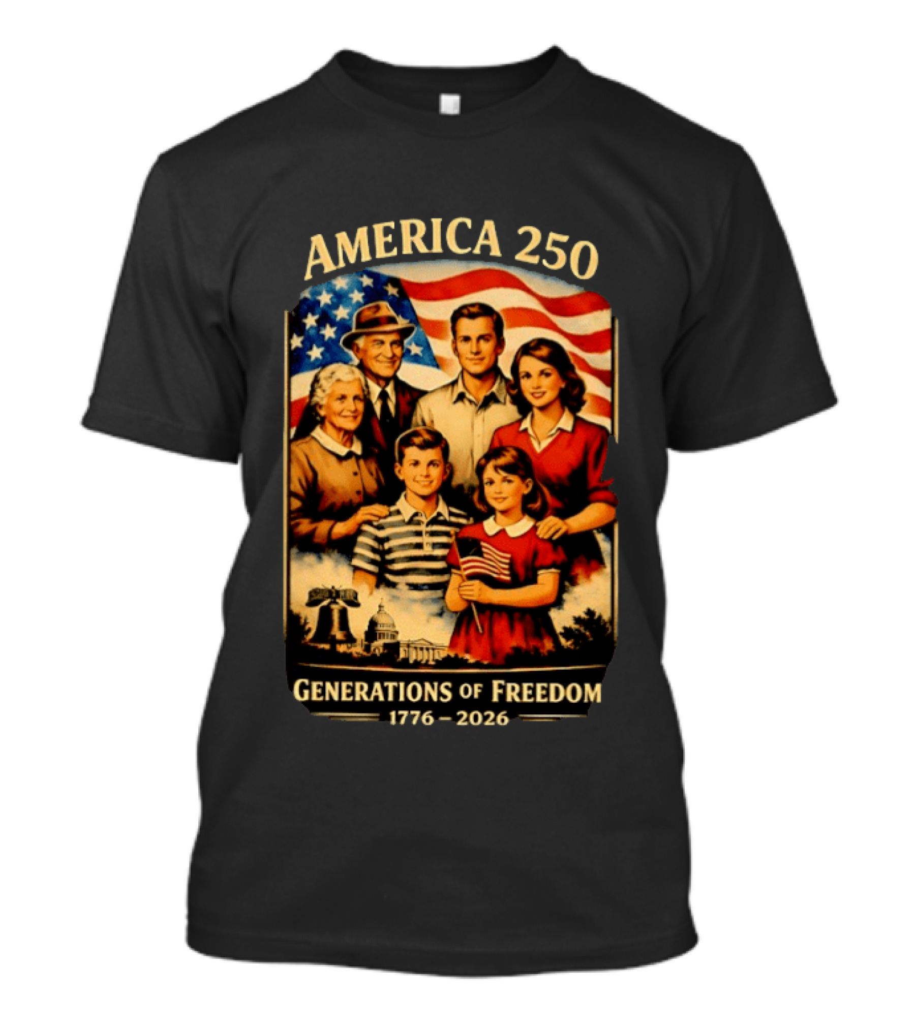 America 250 Generations Of Freedom 1776 2026 Vintage Family With Flag T-Shirt