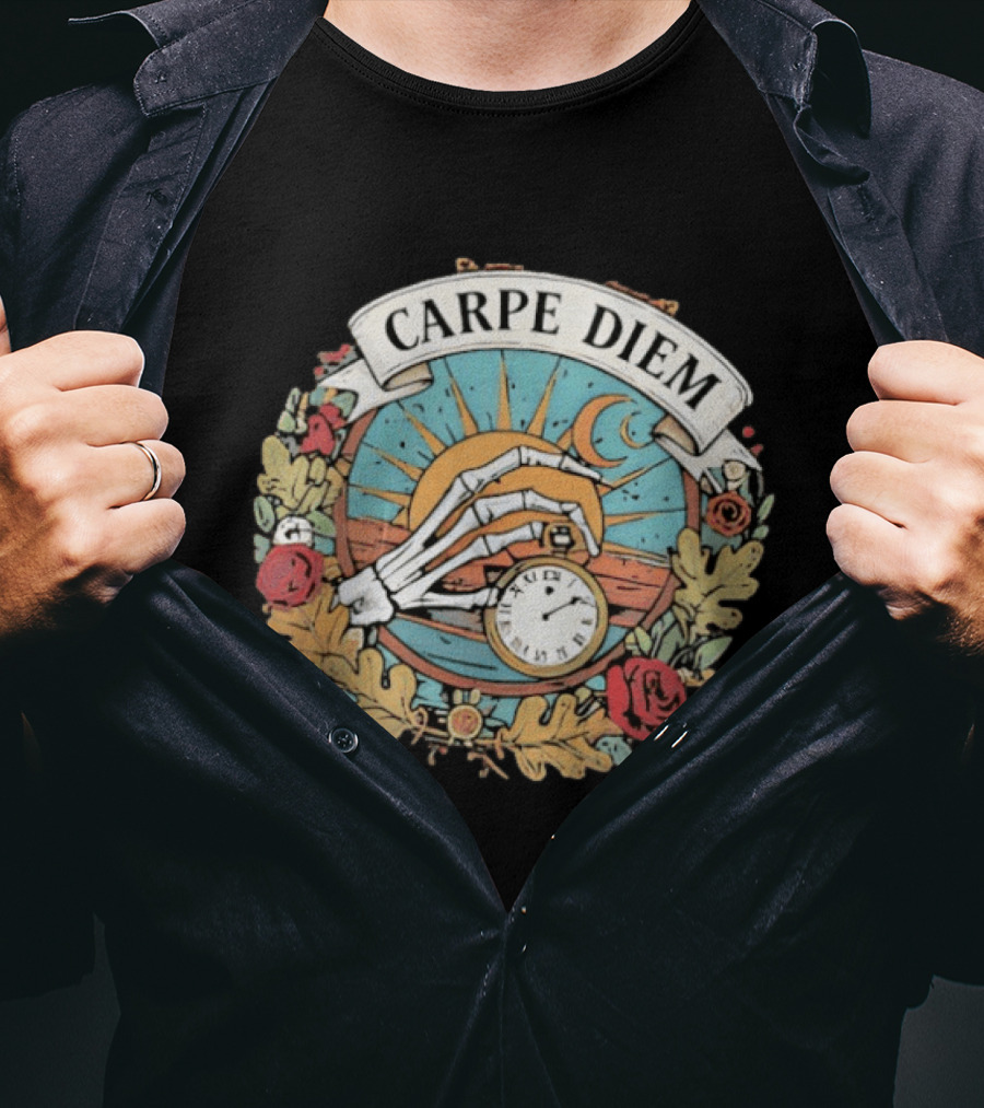 Carpe Diem Memento Mori Skeleton Art Roses Sun Moon T-Shirt