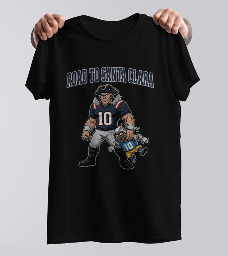 Road To Santa Clara Patriots Cartoon Holding Number 10 Football T-Shirt