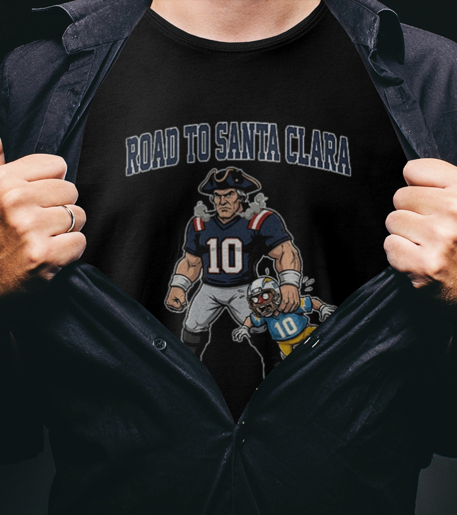 Road To Santa Clara Patriots Cartoon Holding Number 10 Football T-Shirt