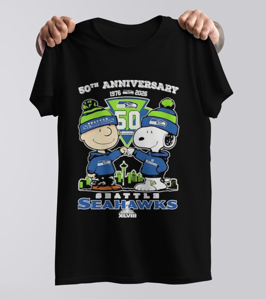 Charlie Brown Snoopy Fist Bump Seattle Seahawks 50th Anniversary Skyline 1976 2026 T-Shirt