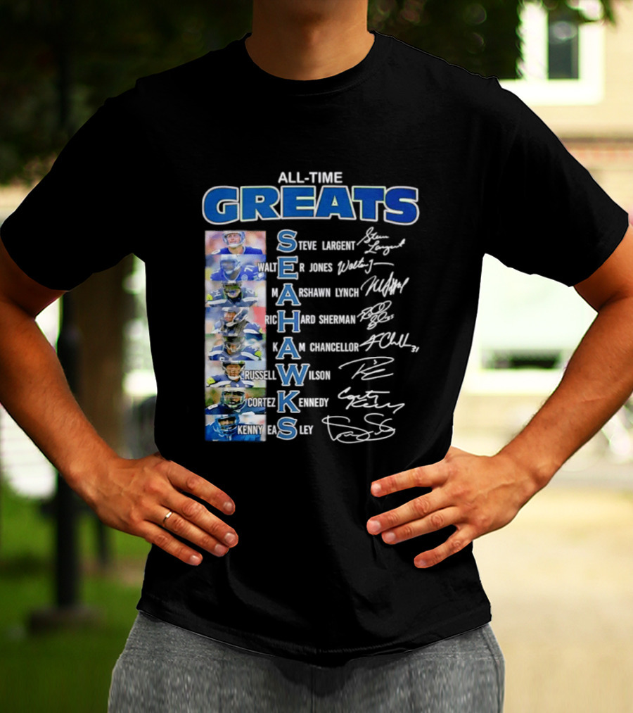 All Time Greats Seattle Seahawks Steve Largent Walter Jones Russell Wilson Legion Of Boom T-Shirt