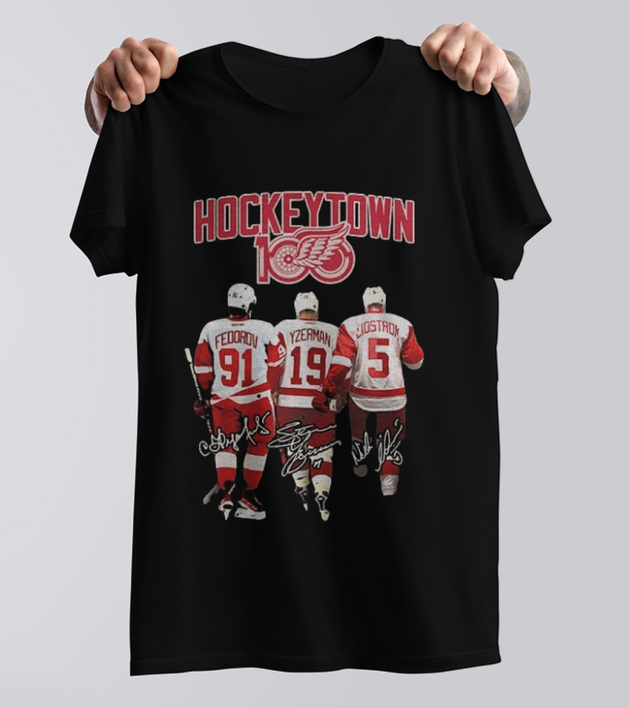 Hockeytown 100 Detroit Red Wings Fedorov Yzerman Lidstrom Signatures 91 19 5 T-Shirt