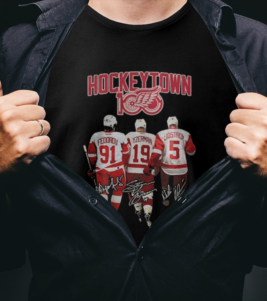 Hockeytown 100 Detroit Red Wings Fedorov Yzerman Lidstrom Signatures 91 19 5 T-Shirt