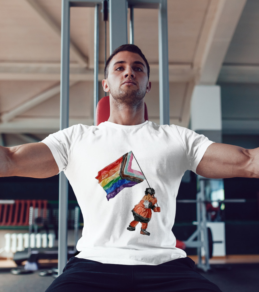 Philadelphia Hockey Mascot Holding Progress Pride Flag T-Shirt
