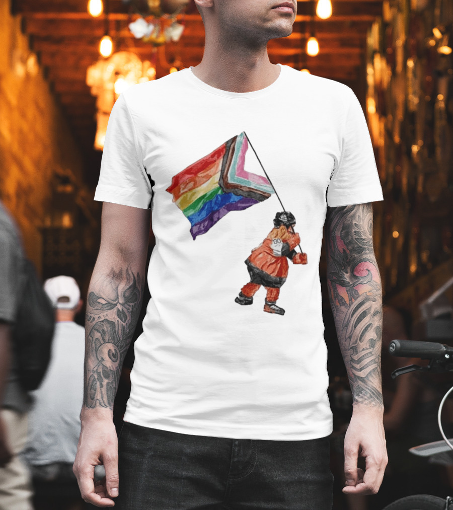 Philadelphia Hockey Mascot Holding Progress Pride Flag T-Shirt