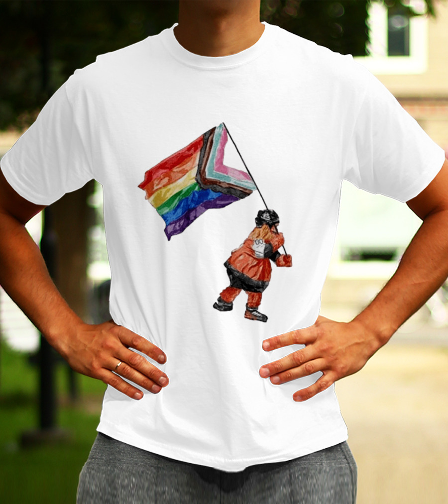 Philadelphia Hockey Mascot Holding Progress Pride Flag T-Shirt