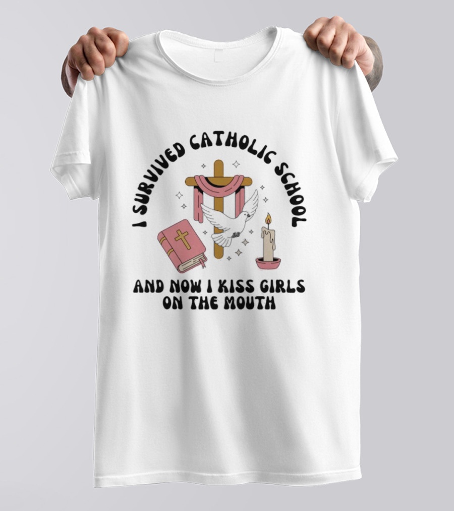 I Survived Catholic School Cross Bible Candle Dove Kiss Girls T-Shirt