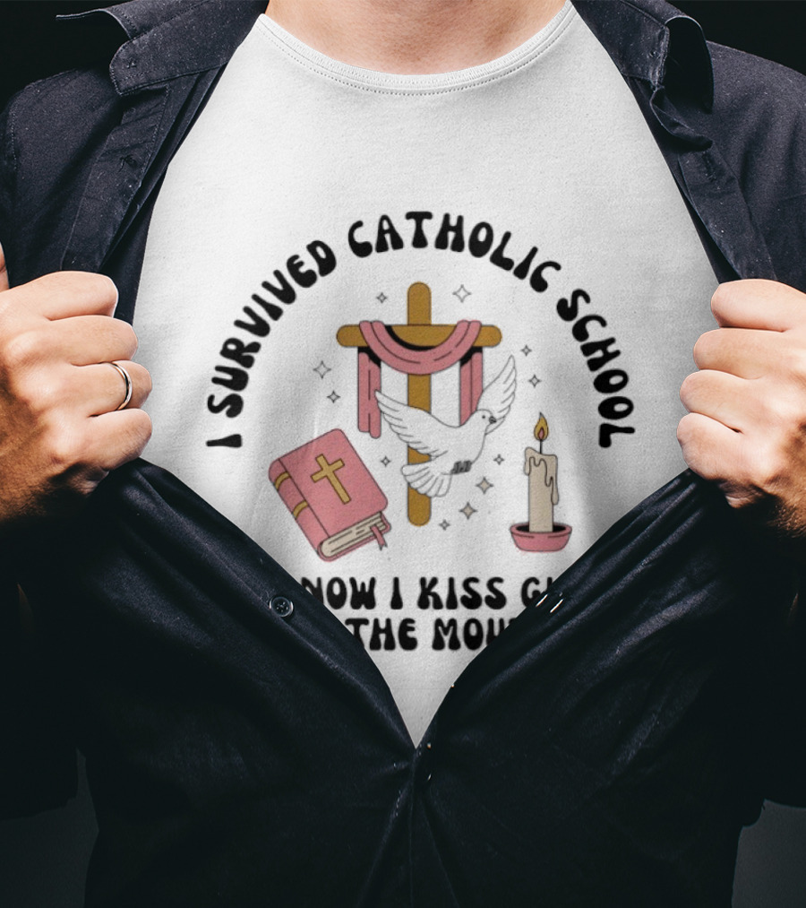 I Survived Catholic School Cross Bible Candle Dove Kiss Girls T-Shirt