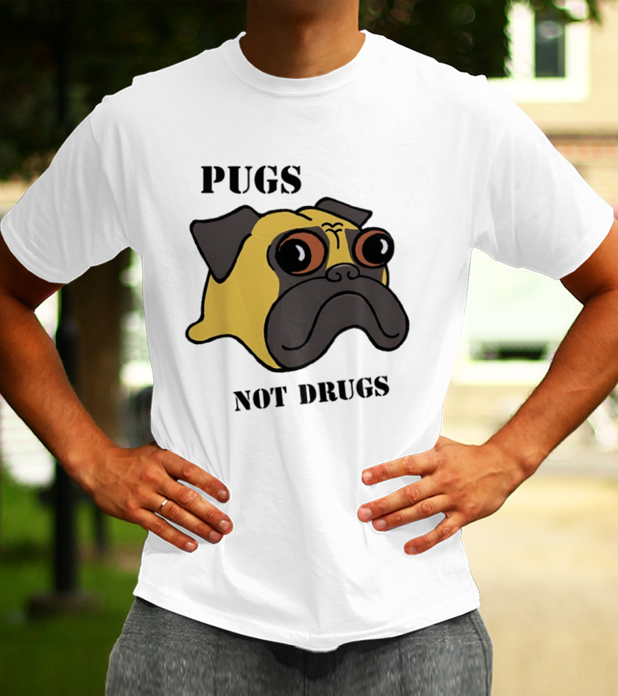 Pugs Not Drugs Cartoon Dog Face Funny Anti Drug Message T-Shirt