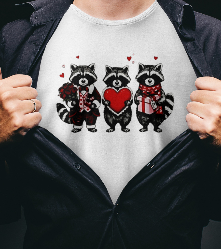 Valentine's Raccoons Love Heart Roses T-Shirt
