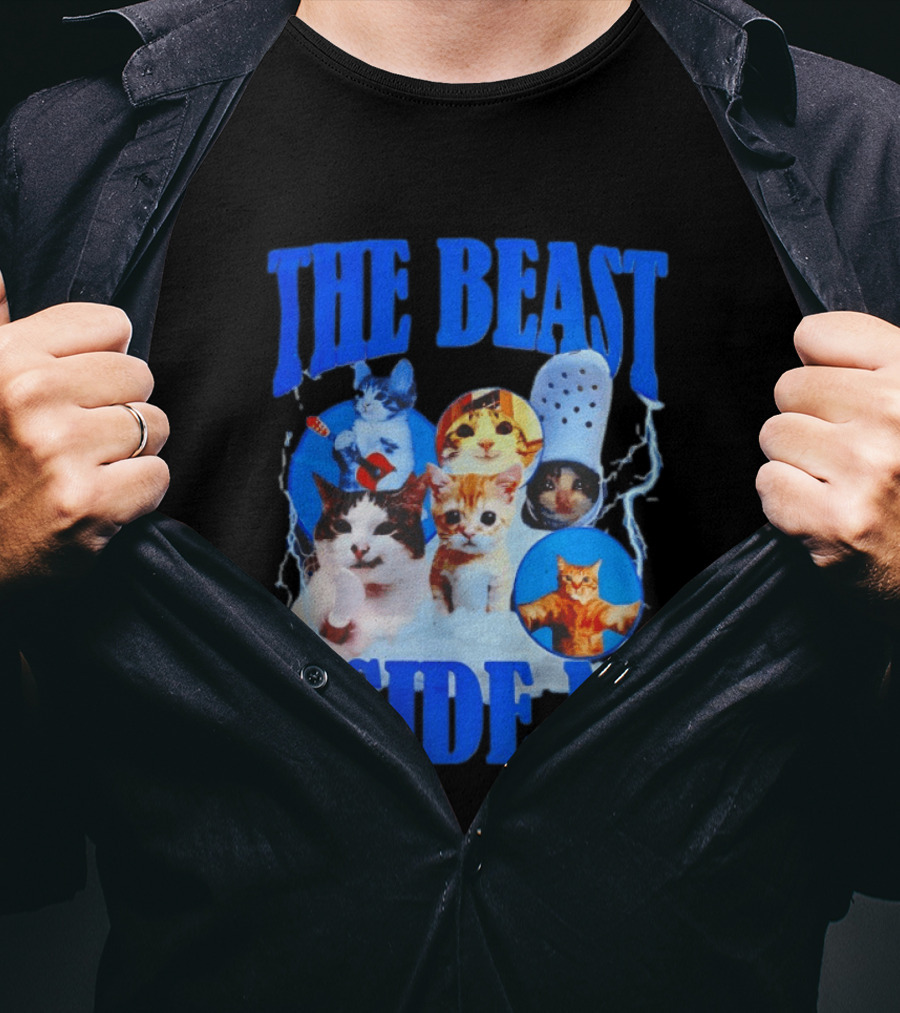 The Beast Inside Me Cat Collage With Blue Electric Accents T-Shirt