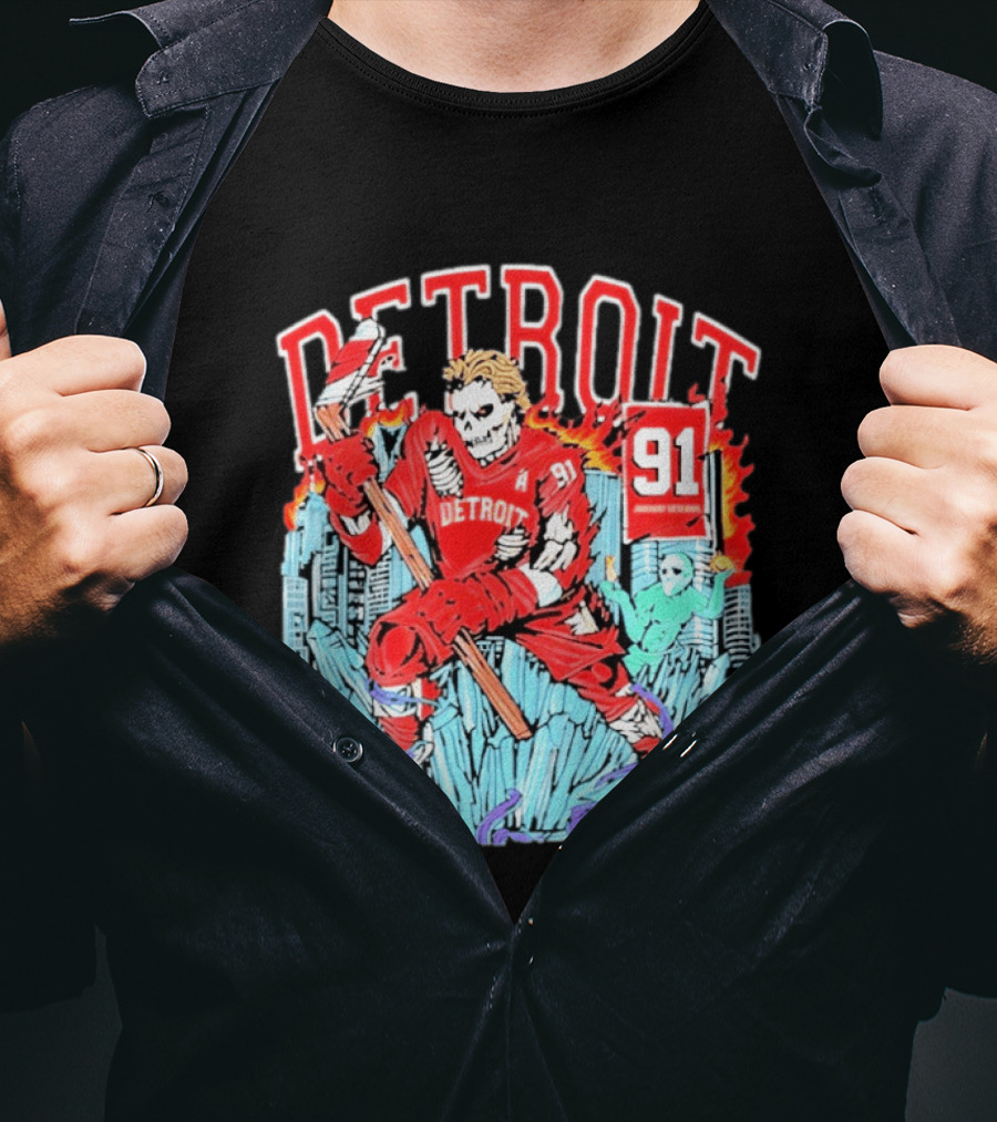 Detroit Hockey 91 Skeleton Player Red Jersey Cityscape Flame T-Shirt