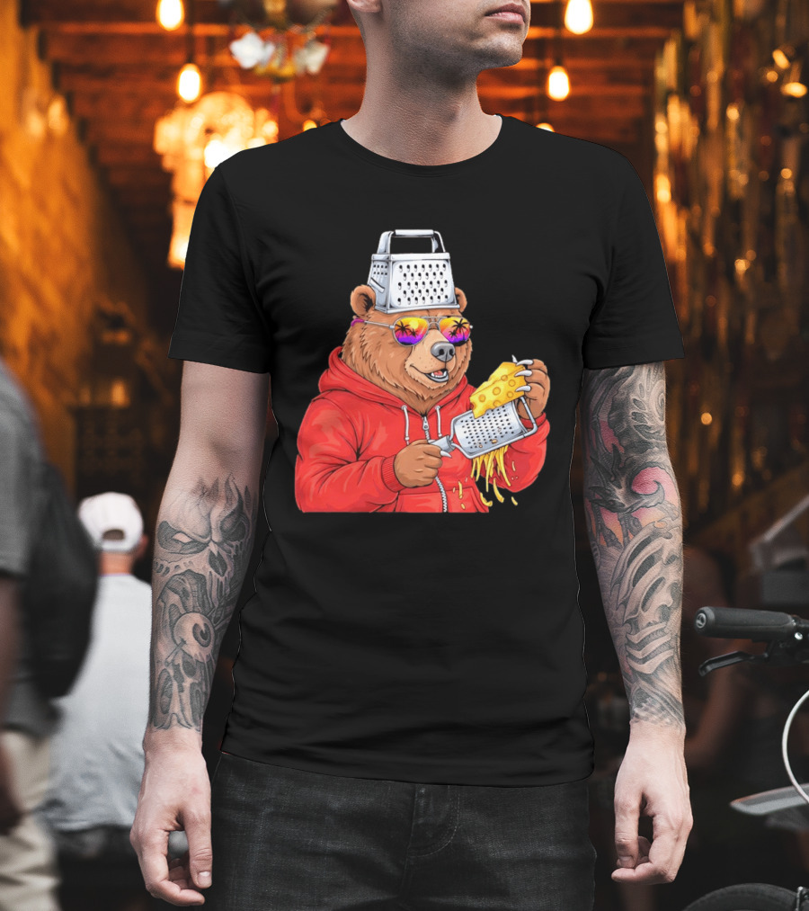 Bear With Cheese Grater Hat And Sunglasses With Bright Palm Tree Reflection T-Shirt
