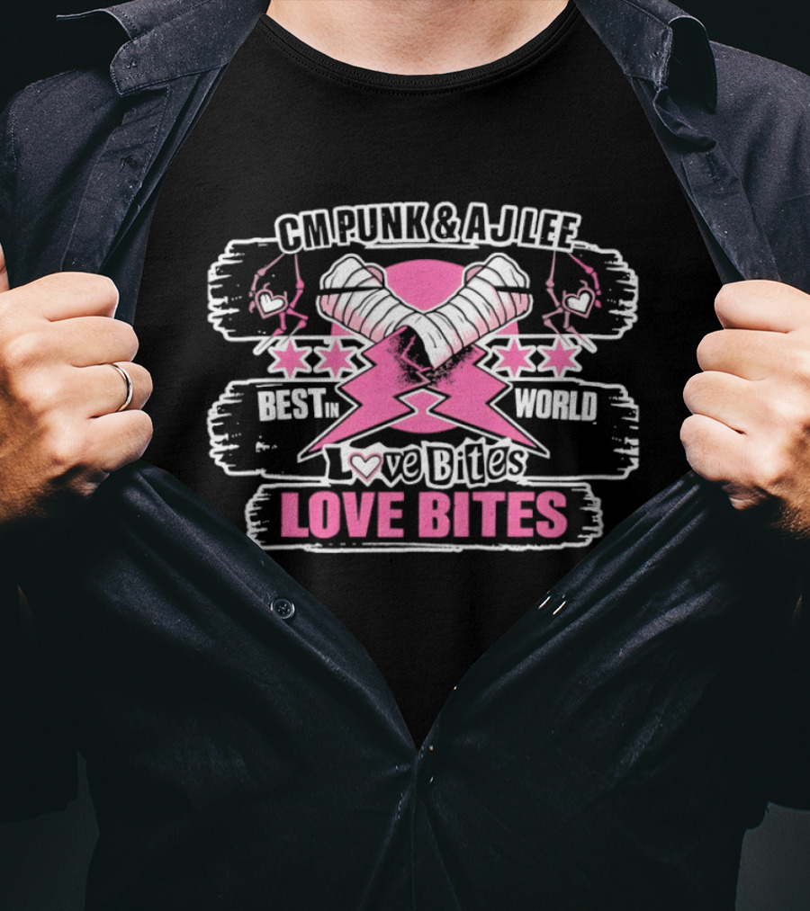 CM Punk AJ Lee Best In The World Love Bites Pink Heart Stars T-Shirt