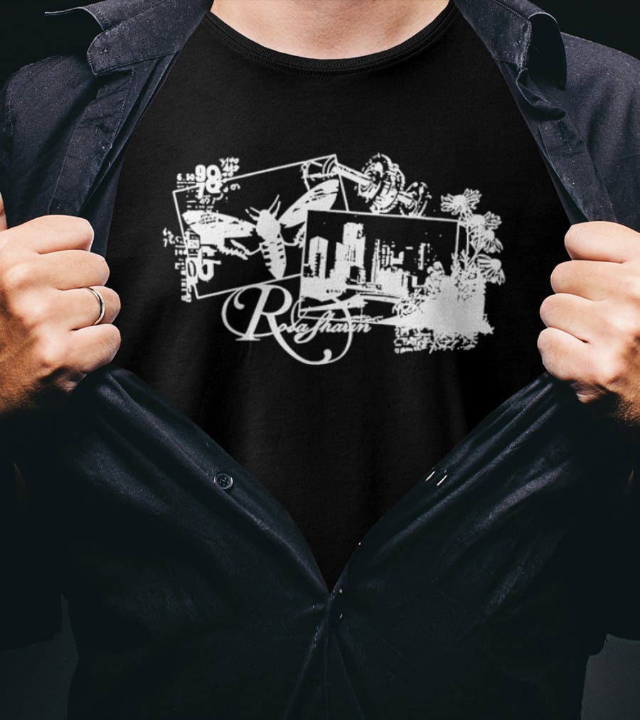 R Rosasharin Collage R Script Butterfly Cityscape White T-Shirt