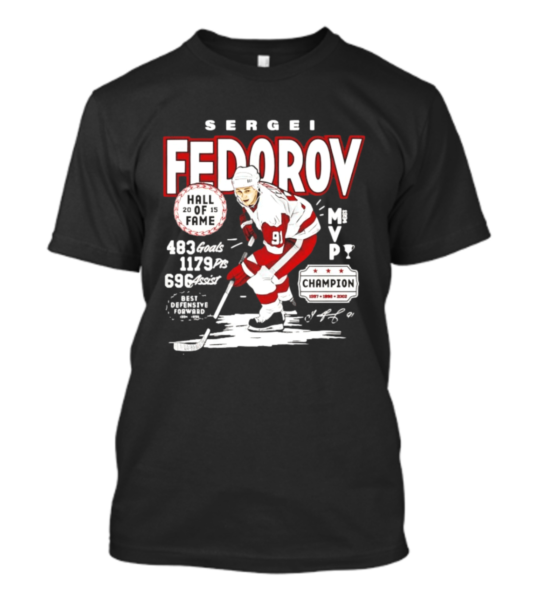 Sergei Fedorov Hall Of Fame MVP Champion Detroit Stats 483 Goals 1179 Points 696 Assists T-Shirt