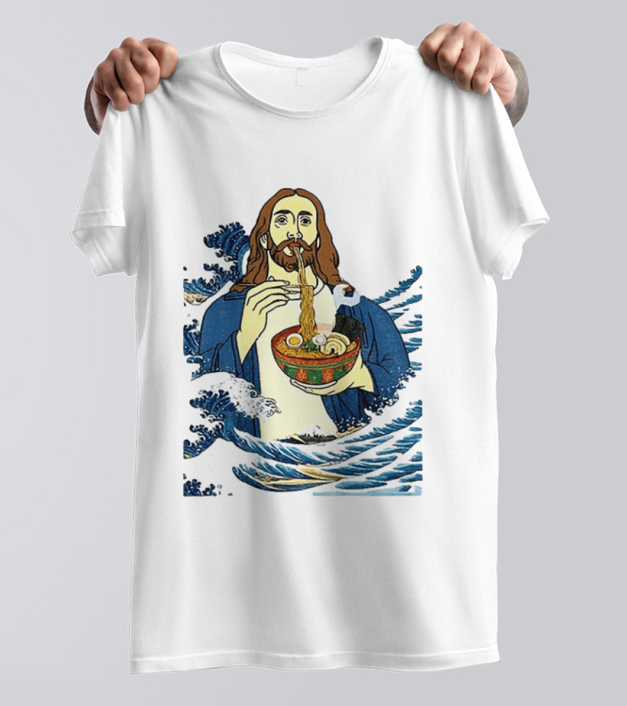 God Eats Ramen Jesus Wave Meme With Bowl Of Noodles T-Shirt