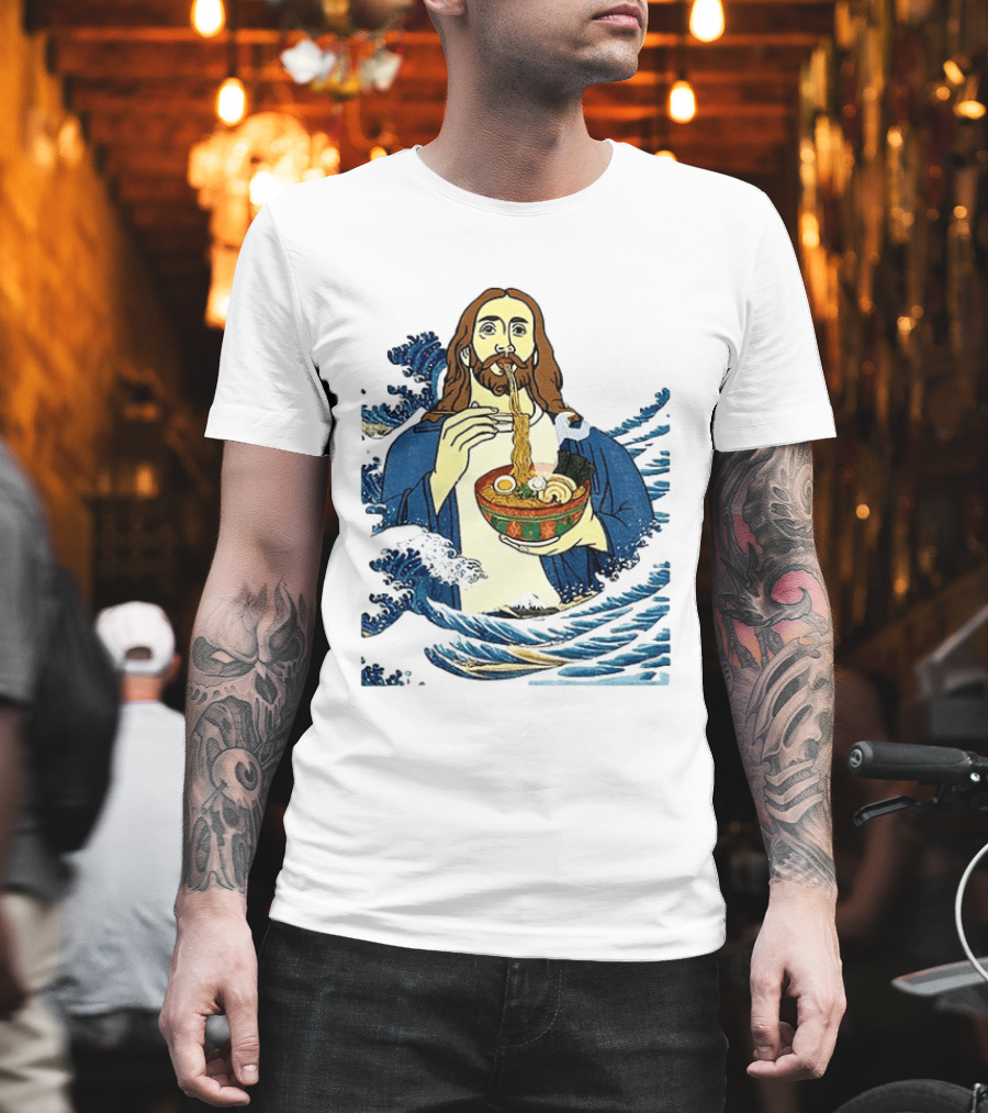 God Eats Ramen Jesus Wave Meme With Bowl Of Noodles T-Shirt