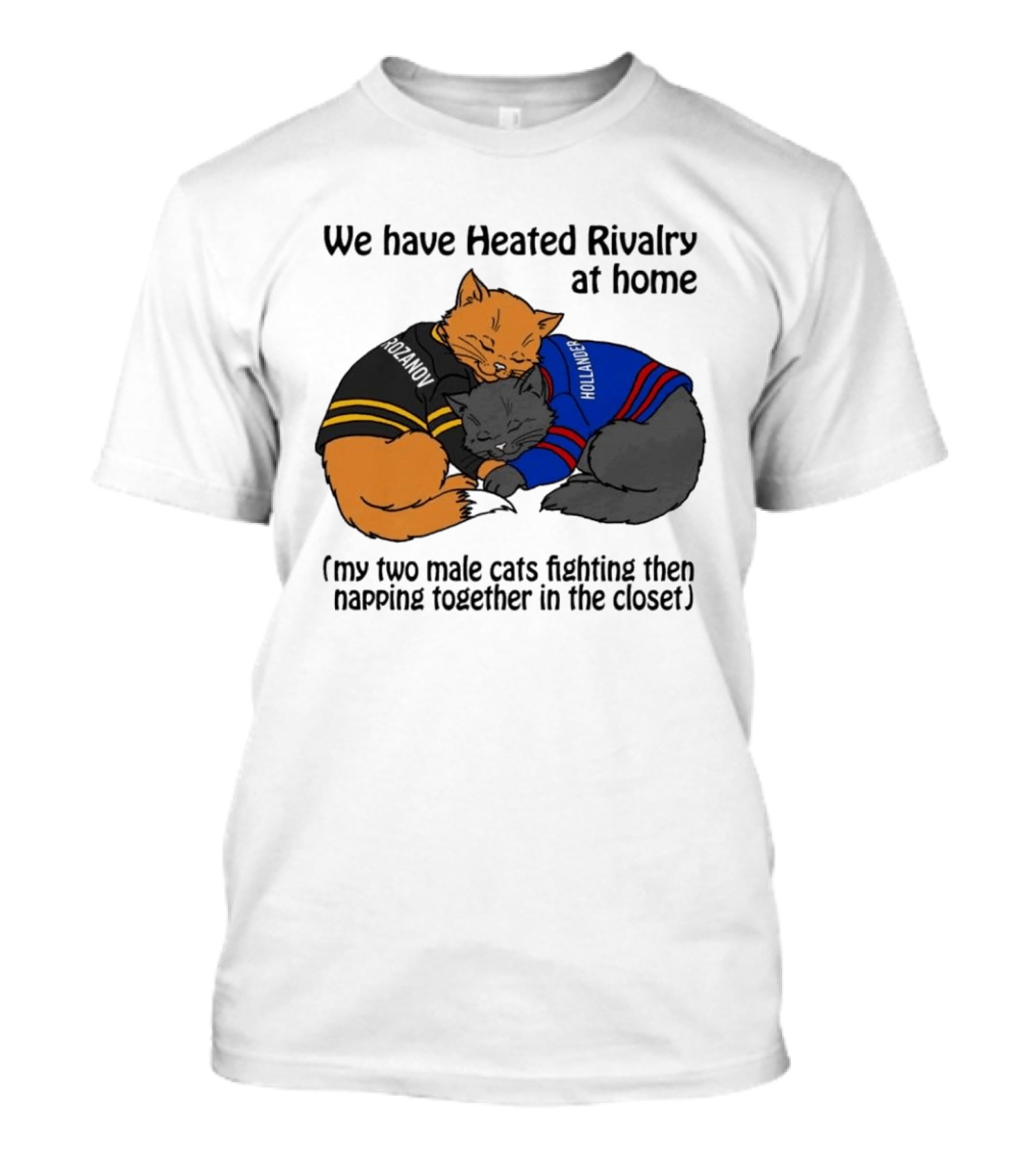 We Have Heated Rivalry At Home My Two Male Cats Fighting Then Napping Together In The Closet Rozanov Hollanders T-Shirt