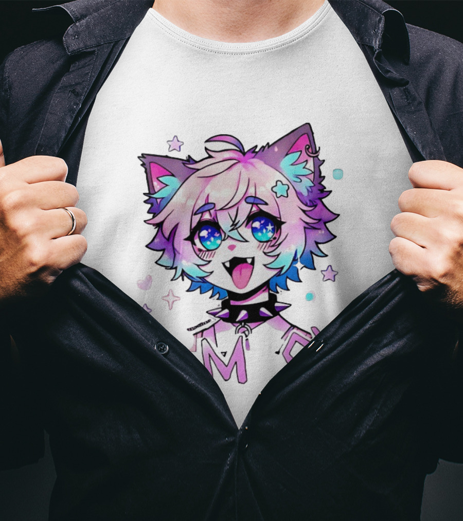 Femboy Cat Boy Anime Spike Collar Starry Eyes Pastel Ears T-Shirt