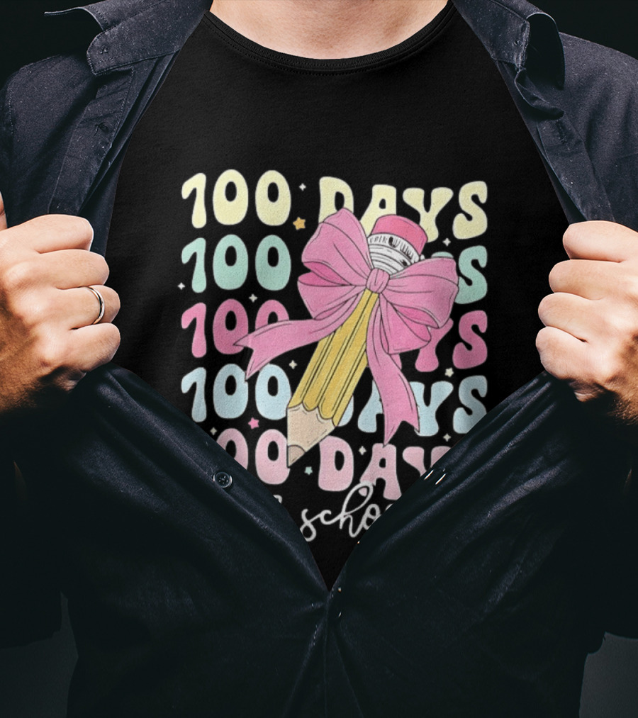 100 Days Of School Pink Bow Pencil Celebration T-Shirt