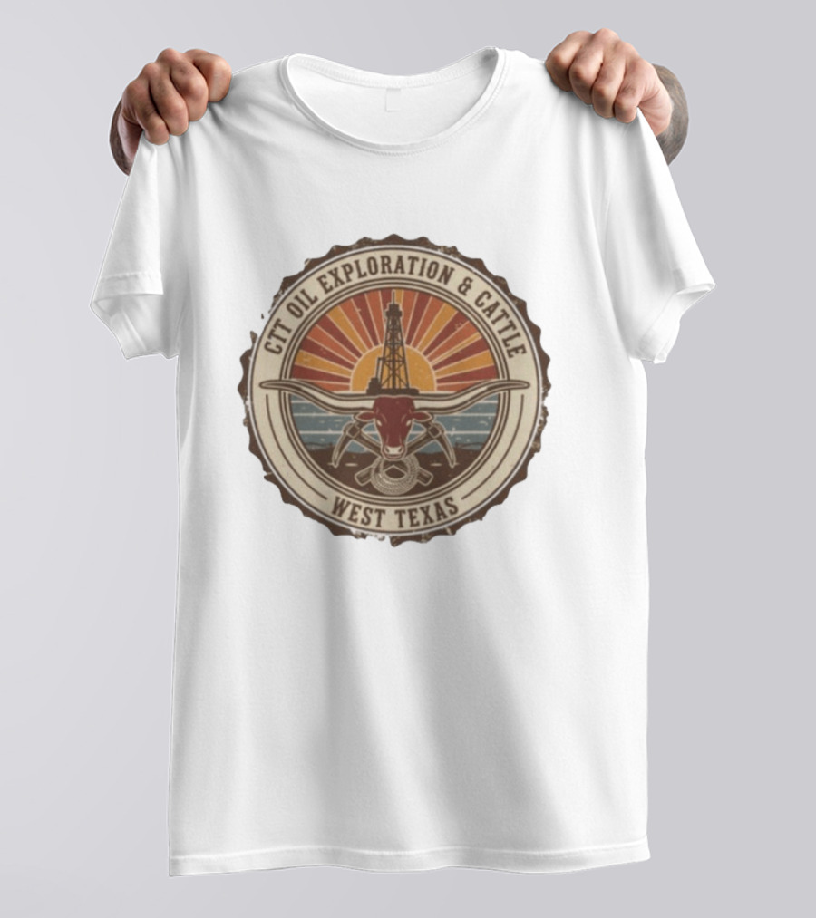 CTT Oil Exploration And Cattle West Texas Landman Sunset Oil Rig And Longhorn T-Shirt