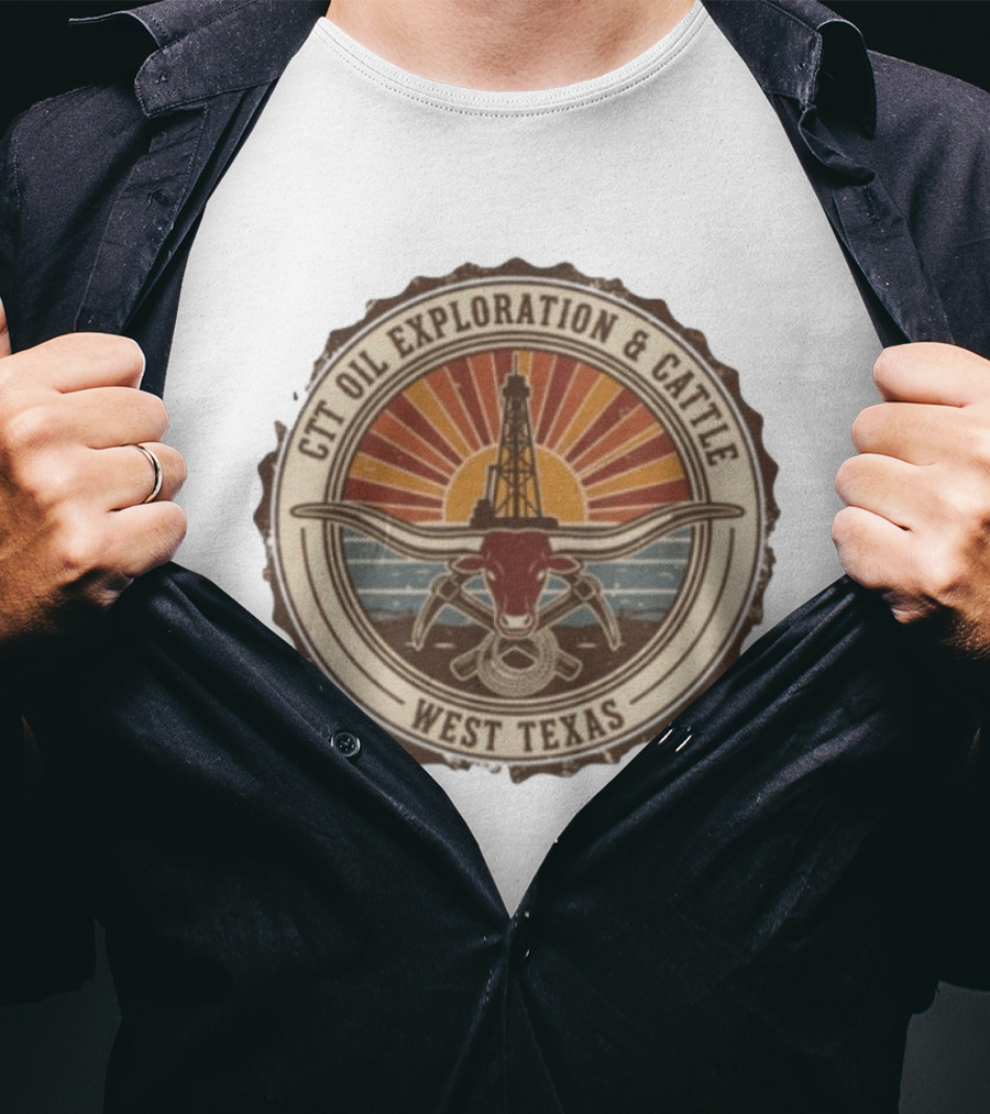 CTT Oil Exploration And Cattle West Texas Landman Sunset Oil Rig And Longhorn T-Shirt