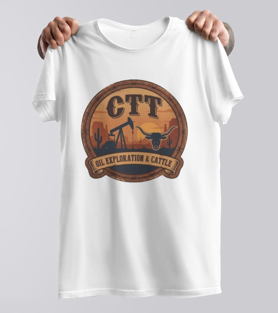 CTT Oil Exploration & Cattle West Texas Sunset Pumpjack And Longhorn Desert Scene T-Shirt