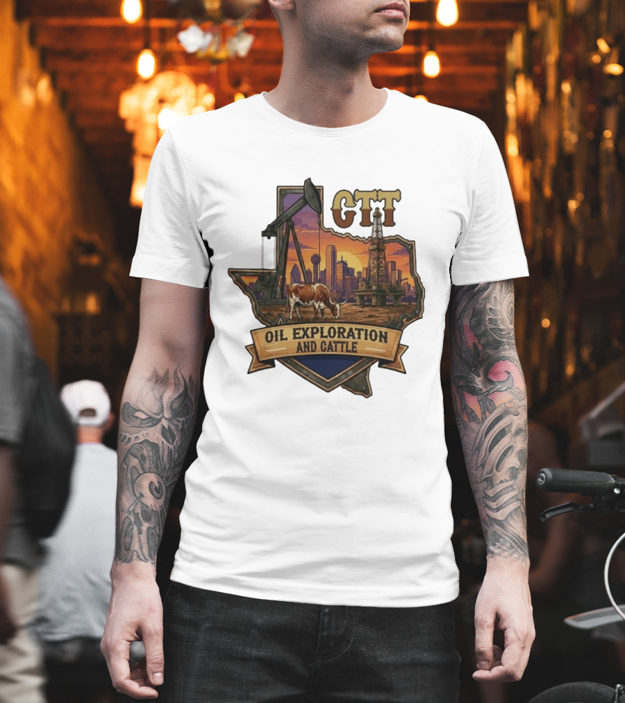 Texas CTT Oil Exploration Cattle Sunset Skyline T-Shirt