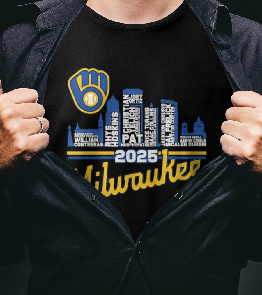 Milwaukee Brewers 2025 City Skyline Baseball Players Names T-Shirt