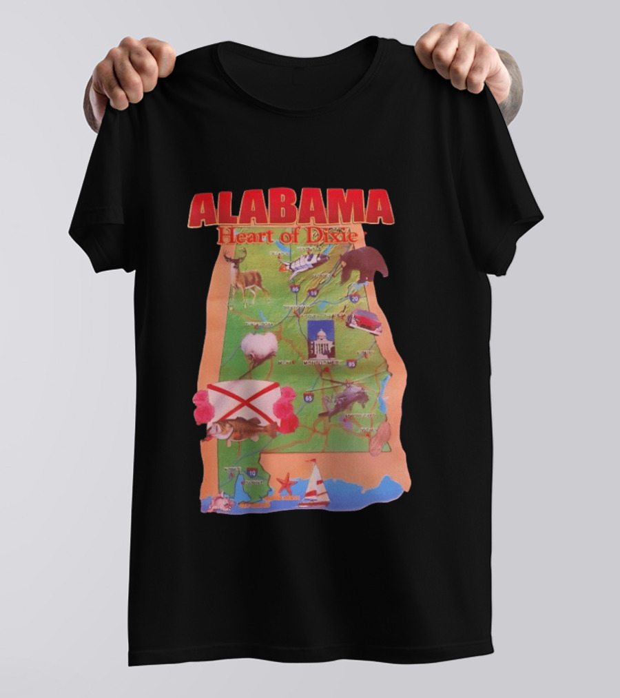Alabama Heart Of Dixie Map Landmarks And Wildlife T-Shirt