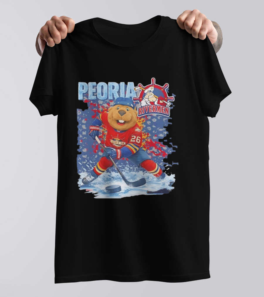 Rocky Peoria Rivermen Hockey Beaver Mascot Skating T-Shirt
