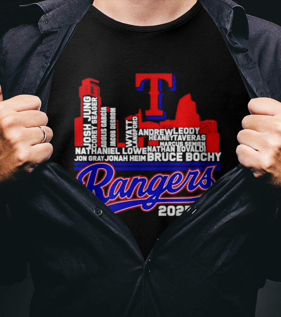 Texas Rangers 2025 City Skyline Players Names Bruce Bochy T-Shirt