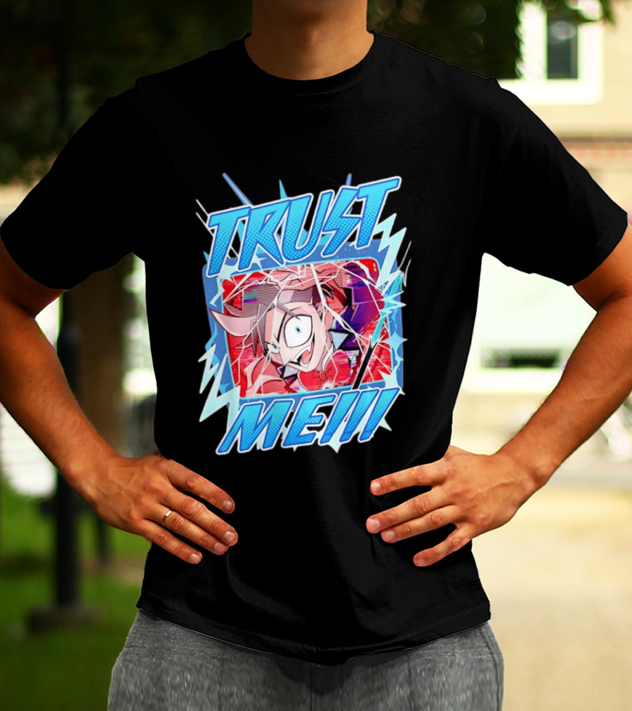 Hazbin Hotel Trust Me Cartoon Expression Blue Lightning T-Shirt