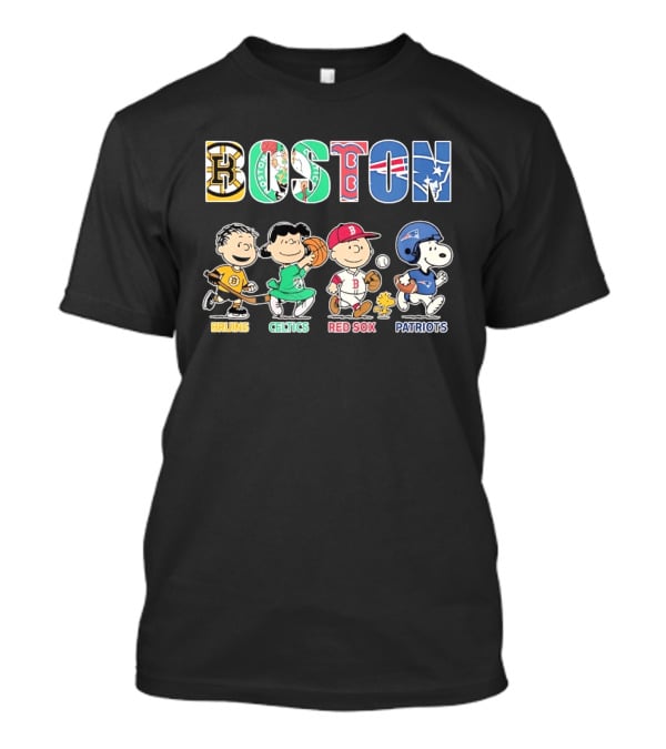 Peanuts Characters In Boston Bruins Celtics Red Sox Patriots Team T-Shirt