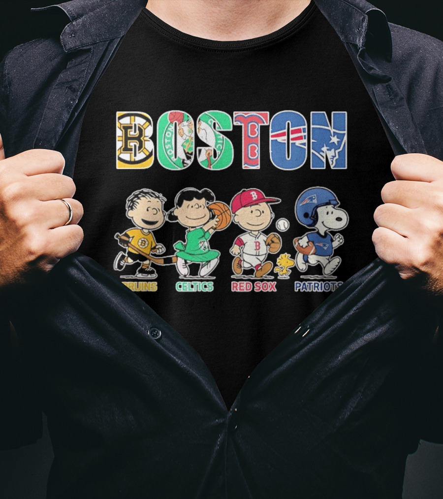 Peanuts Characters In Boston Bruins Celtics Red Sox Patriots Team T-Shirt
