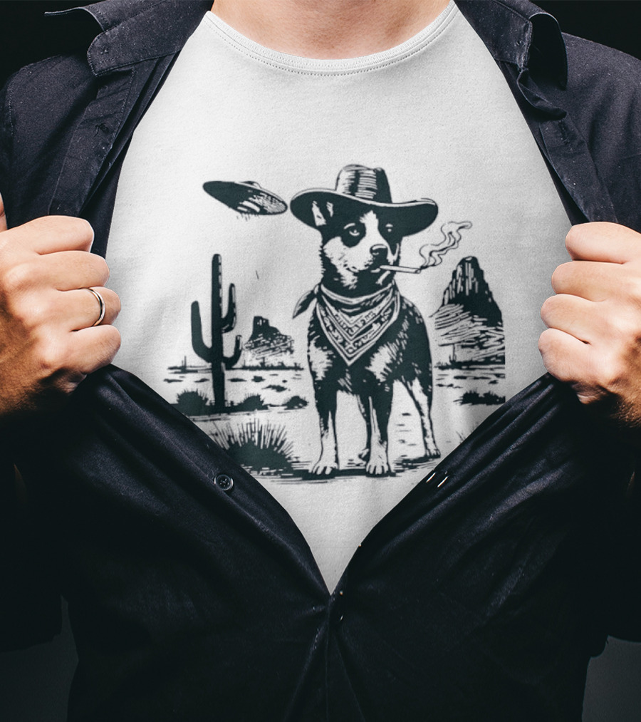Australian Cattle Dog Smoking With UFO And Western Cowboy Desert Scene T-Shirt