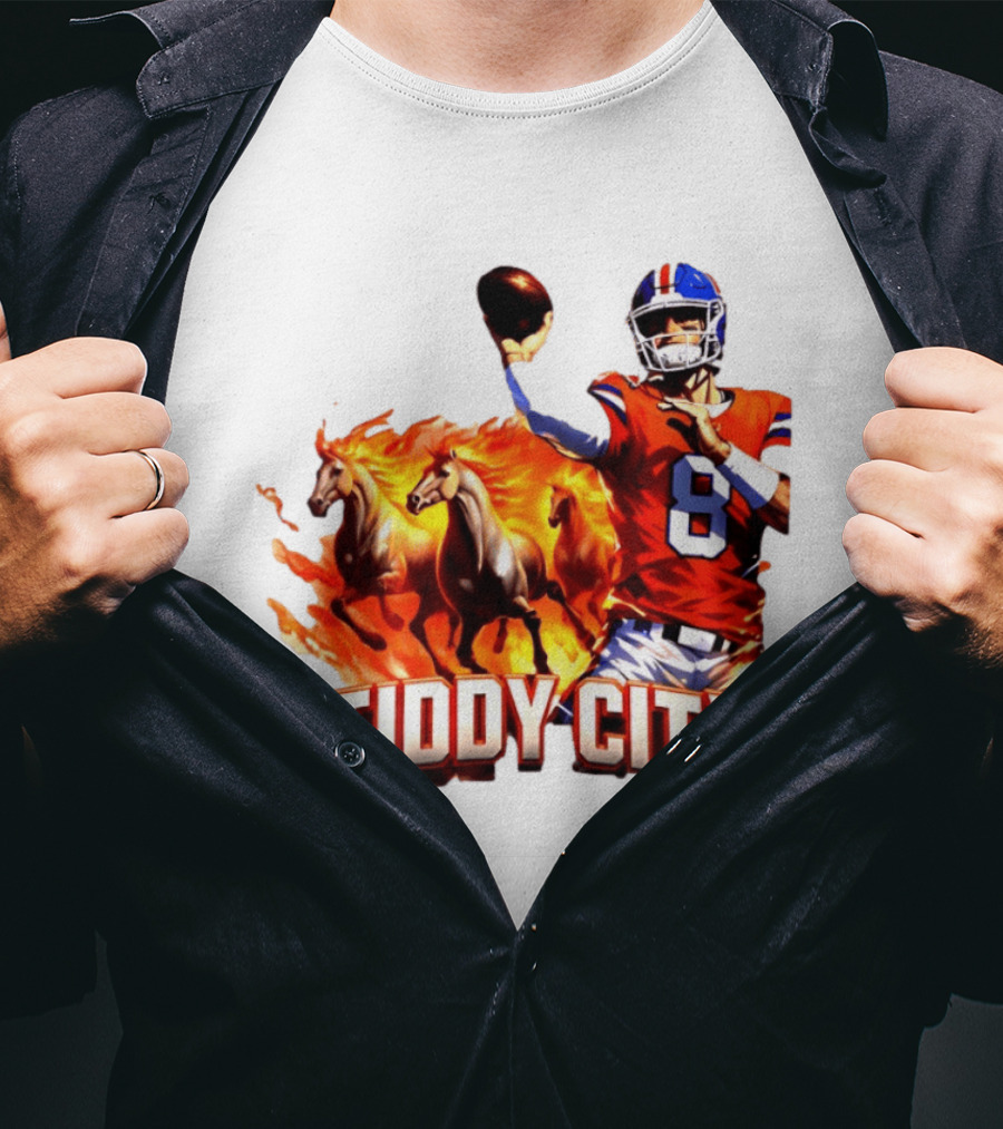 Denver Broncos Stiddy City Quarterback And Horses In Flames T-Shirt