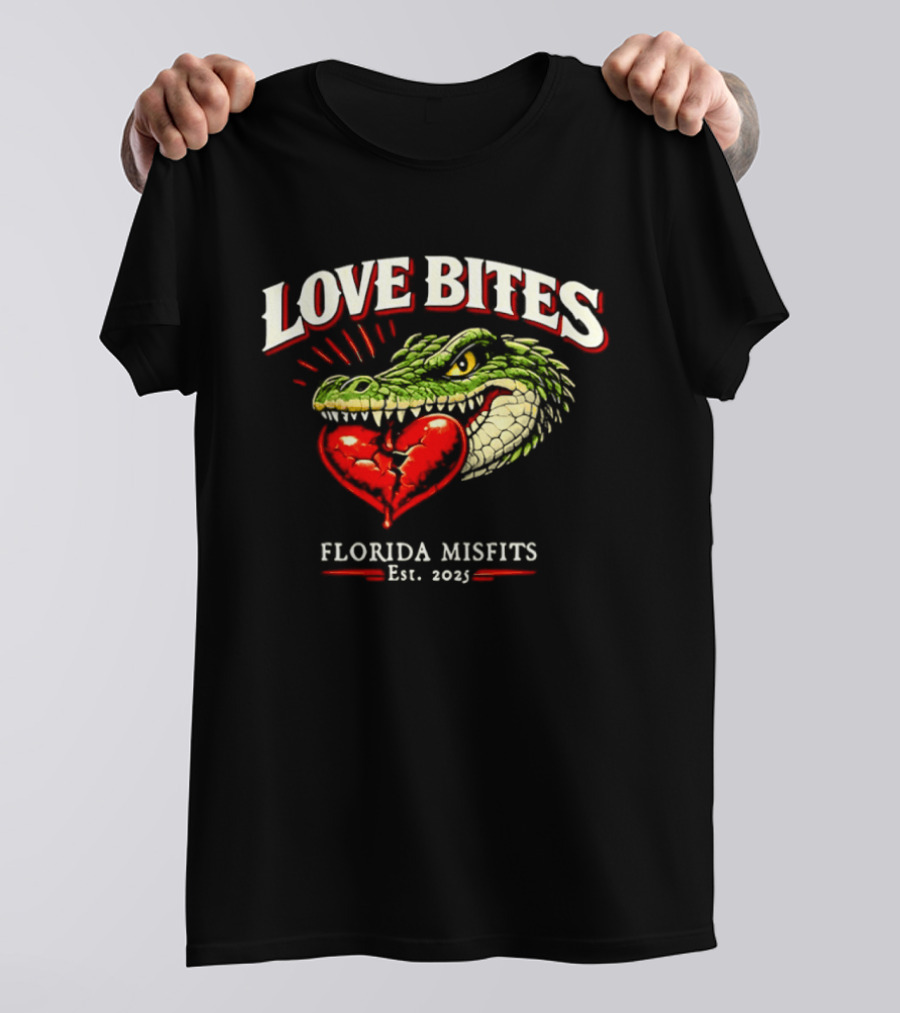 Love Bites Crocodile Broken Heart Florida Misfits Est 2025 T-Shirt