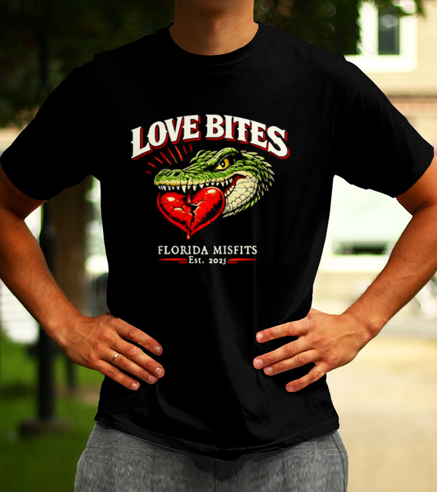 Love Bites Crocodile Broken Heart Florida Misfits Est 2025 T-Shirt
