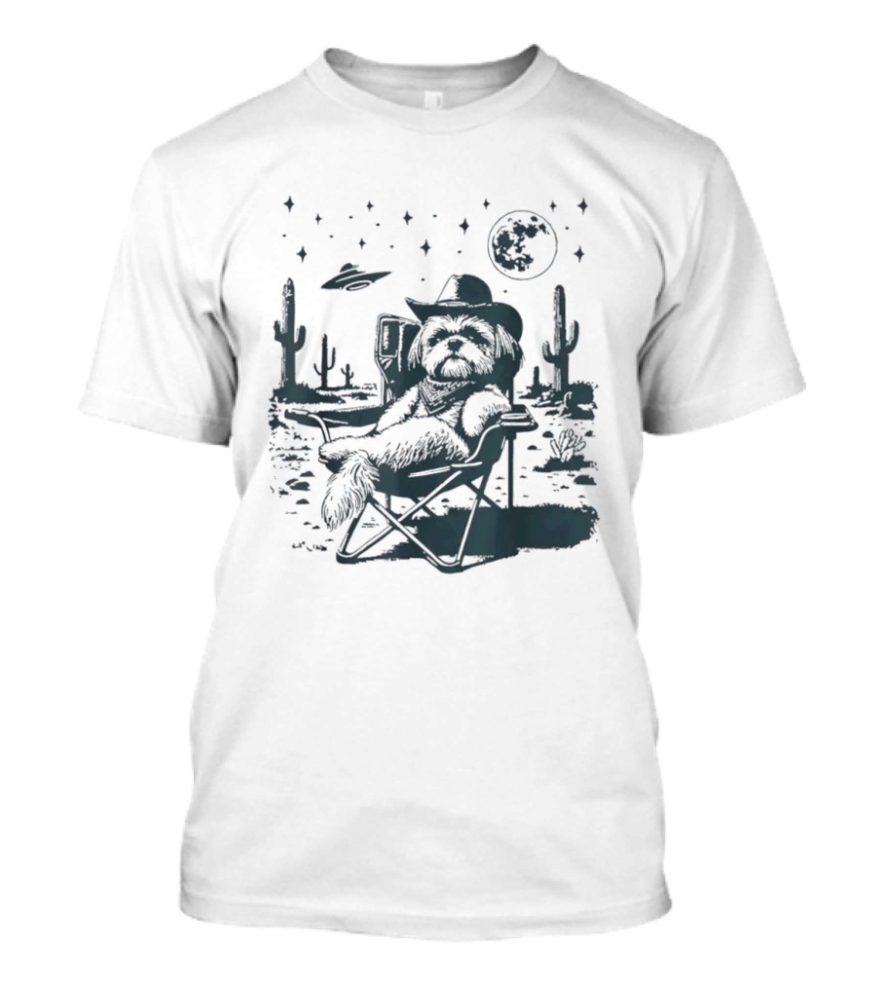 Shih Tzu Cowboys UFO Western Desert Scene Cactus Moon Stars T-Shirt