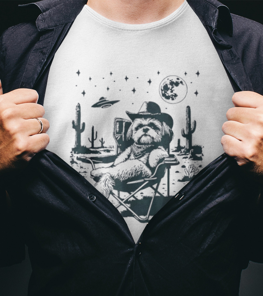 Shih Tzu Cowboys UFO Western Desert Scene Cactus Moon Stars T-Shirt