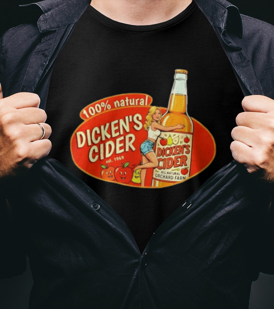 100 Natural Dicken's Cider Est 1969 Girl Hugging All Natural Orchard Farm Bottle T-Shirt