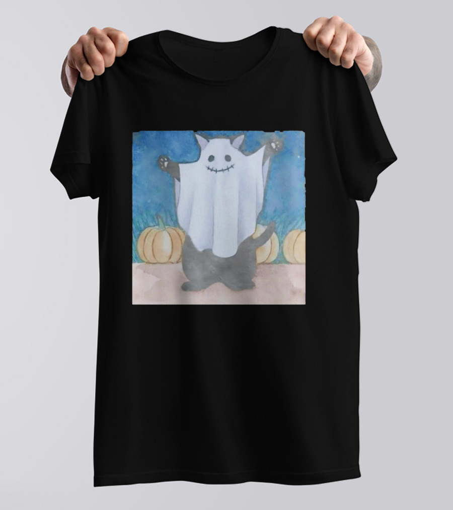 Spooky Black Cat In Ghost Costume With Pumpkins Halloween T-Shirt
